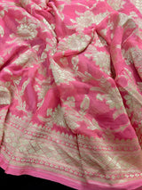Watermelon Pink pure khaddi georgette banarasi silk saree with muted gold zari floral jaal — Kaash Collection