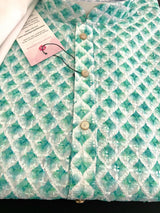 White with Green Sequin men's kurta pajama in premium georgette with green sequin & chikankari on white — Kaash Collection