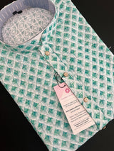 White with Green Sequin men's kurta pajama in premium georgette with green sequin & chikankari on white — Kaash Collection