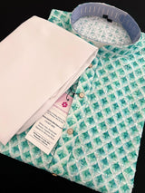 White and Green Sequin Chikhenkari Embroidery Kurta Pajama Set | Designer Indian Mens Wear | Wedding Party Wear Kurta for Men - Kaash