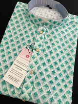 White and Green Sequin Chikhenkari Embroidery Kurta Pajama Set | Designer Indian Mens Wear | Wedding Party Wear Kurta for Men - Kaash