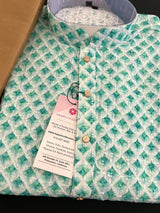 White and Green Sequin Chikhenkari Embroidery Kurta Pajama Set | Designer Indian Mens Wear | Wedding Party Wear Kurta for Men - Kaash