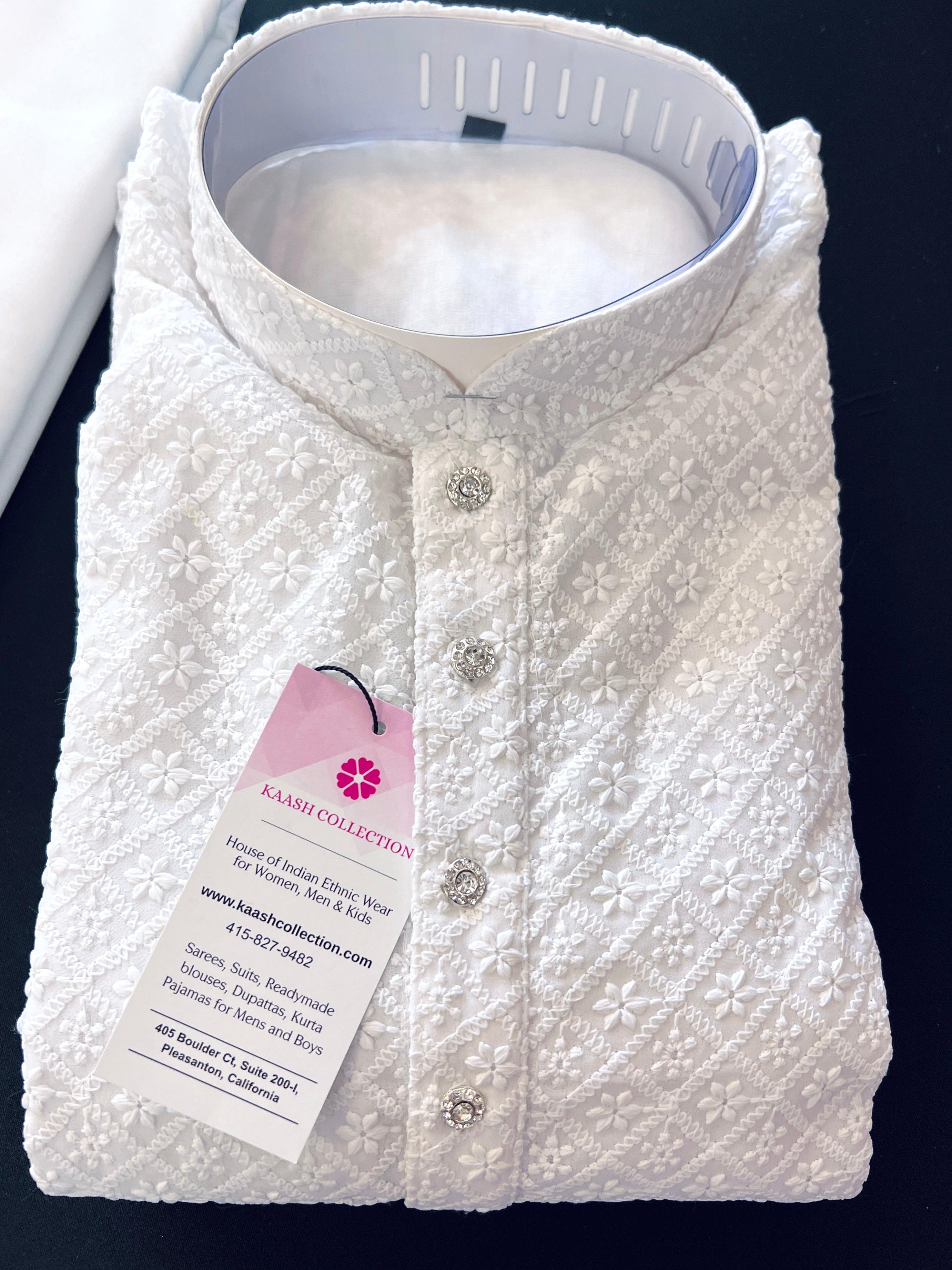 White Color Chikankari Lucknowi Georgette Men Kurta Pajama Set