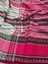 White with Pink and Black Bengal Handloom Cotton Saree - Bengal Sarees - Kaash