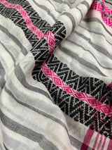 White with Pink and Black Bengal Handloom Cotton Saree - Bengal Sarees - Kaash
