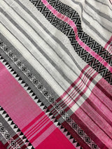White with Pink and Black Bengal Handloom Cotton Saree - Bengal Sarees - Kaash