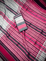 White with Pink and Black Bengal Handloom Cotton Saree - Bengal Sarees - Kaash
