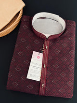 Wine men's kurta pajama in silk (non-pure) with embossed design with zari buttis (drops) — Kaash Collection