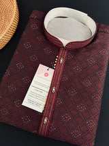 Wine men's kurta pajama in silk (non-pure) with embossed design with zari buttis (drops) — Kaash Collection