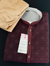 Wine men's kurta pajama in silk (non-pure) with embossed design with zari buttis (drops) — Kaash Collection