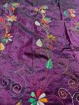 Wine hand Kantha stitch saree on Bangalori silk — Kaash Collection