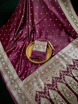 Wine Banarasi Mashru Silk saree in banarasi semi pure mashru silk with gold zari weave on mashru silk — Kaash Collection