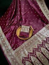 Wine Color Mashru Silk Handloom Saree with Gold Zari Weave - Banarasi Mashru Silk Saree - Kaash
