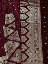 Wine Color Mashru Silk Handloom Saree with Gold Zari Weave - Banarasi Mashru Silk Saree - Kaash