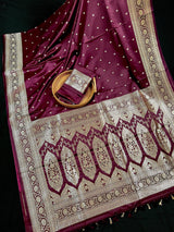 Wine Color Mashru Silk Handloom Saree with Gold Zari Weave - Banarasi Mashru Silk Saree - Kaash
