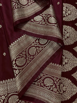 Wine Color Mashru Silk Handloom Saree with Gold Zari Weave - Banarasi Mashru Silk Saree - Kaash