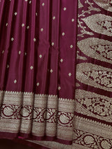 Wine Color Mashru Silk Handloom Saree with Gold Zari Weave - Banarasi Mashru Silk Saree - Kaash
