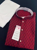 Wine Color Men Kurta Pajama – Self Design embroidery Style - Kaash