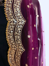 Wine net dupatta with gold zari, sequin & beads — Kaash Collection