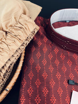 Wine Color Raw Silk Men Kurta Pajama for Men with Self Design material with Handwork Neckline - Kaash