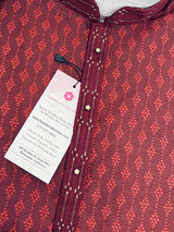 Wine Color Raw Silk Men Kurta Pajama for Men with Self Design material with Handwork Neckline - Kaash