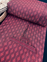 Wine Color Raw Silk Men Kurta Pajama for Men with Self Design material with Handwork Neckline - Kaash