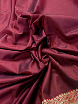 Wine Red Banarasi Soft Silk Saree, Gold Zari Weave Borders - Kaash