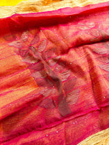 Yellow & Peachy Pink Silk Cotton Sequin saree in silk cotton with tiny sequin & thread work with gicha panels — Kaash Collection