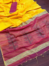 Yellow & Peachy Pink Silk Cotton Sequin saree in silk cotton with tiny sequin & thread work with gicha panels — Kaash Collection