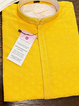 Yellow men's kurta pajama in georgette with lucknowi chikankari embroidery — Kaash Collection