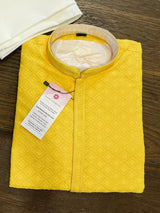 Yellow men's kurta pajama in georgette with lucknowi chikankari embroidery — Kaash Collection