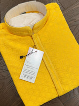 Yellow men's kurta pajama in georgette with lucknowi chikankari embroidery — Kaash Collection