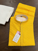 Yellow men's kurta pajama in georgette with lucknowi chikankari embroidery — Kaash Collection