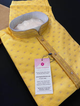 Yellow men's kurta pajama in jute silk with self-embroidered with antique zari — Kaash Collection