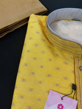 Yellow men's kurta pajama in jute silk with self-embroidered with antique zari — Kaash Collection