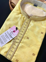 Yellow men's kurta pajama in soft silk with self-design with antique zari buttis — Kaash Collection