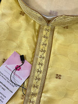 Yellow men's kurta pajama in soft silk with self-design with antique zari buttis — Kaash Collection