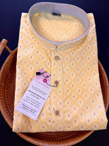 Yellow men's kurta pajama in pure cotton with small self-design buttis on cotton — Kaash Collection
