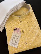 Yellow men's kurta pajama in pure cotton with small self-design buttis on cotton — Kaash Collection