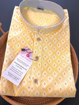 Yellow Color Pure Cotton Kurta Pajama Set for Men with Self design Buttis | Pure Cotton Men Kurta | Haldi Kurta - Kaash