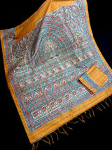 Yellow Gold Semi-Tussar Silk with Madhubani Prints Sarees - Kaash