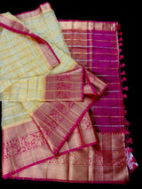 Yellow Gold Tissue Silk Saree with Hot Pink Banarasi Border, Zari Checks - Kaash