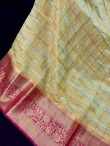 Yellow Gold Tissue Silk Saree with Hot Pink Banarasi Border, Zari Checks - Kaash
