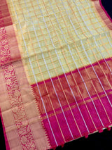 Yellow Gold Tissue Silk Saree with Hot Pink Banarasi Border, Zari Checks - Kaash