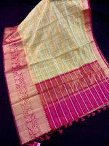 Yellow Gold Tissue Silk Saree with Hot Pink Banarasi Border, Zari Checks - Kaash