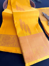 Yellow pure kanjivaram kanchipuram silk saree with muted copper zari weave — Kaash Collection