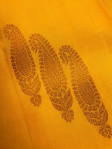 Yellow pure kanjivaram kanchipuram silk saree with muted copper zari weave — Kaash Collection