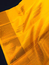 Yellow pure kanjivaram kanchipuram silk saree with muted copper zari weave — Kaash Collection