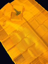 Yellow pure kanjivaram kanchipuram silk saree with muted copper zari weave — Kaash Collection