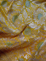 Yellow Pure Banarasi Handwoven Katan Silk Saree | Muted Gold & Silver Zari Floral Jaal | Silk Mark Certified - Kaash
